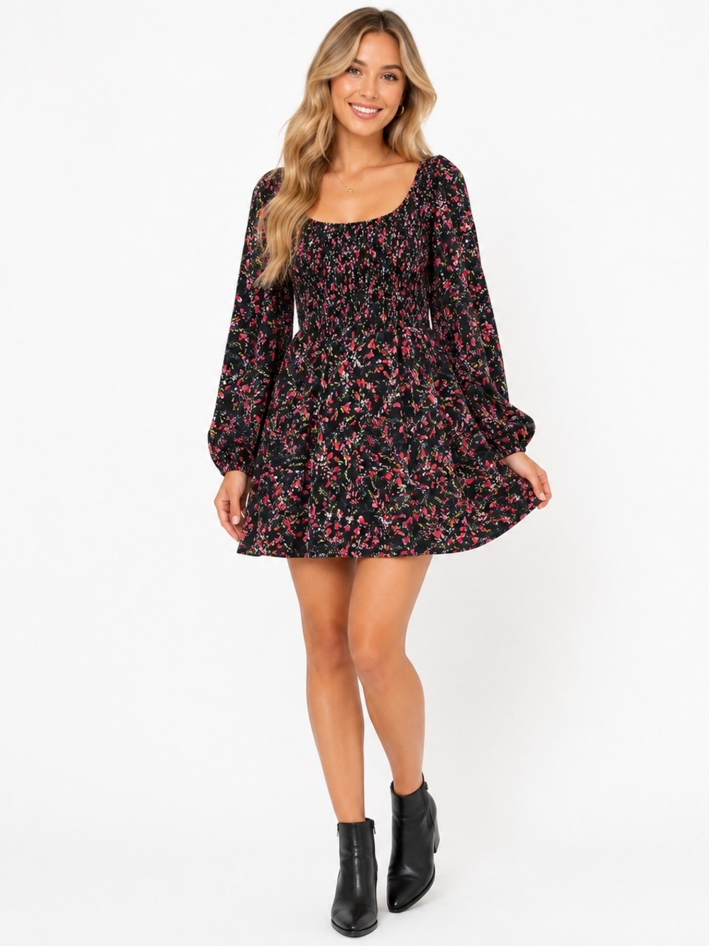 French Connection Black Floral Smocked Mini Dress with Pink Accents Fit & Flare